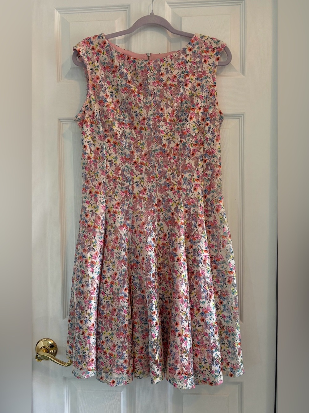 DANNY & NICOLE SLEEVELESS DRESS MULTI PASTEL FLORAL LACE OVER PINK SATIN SZ 12